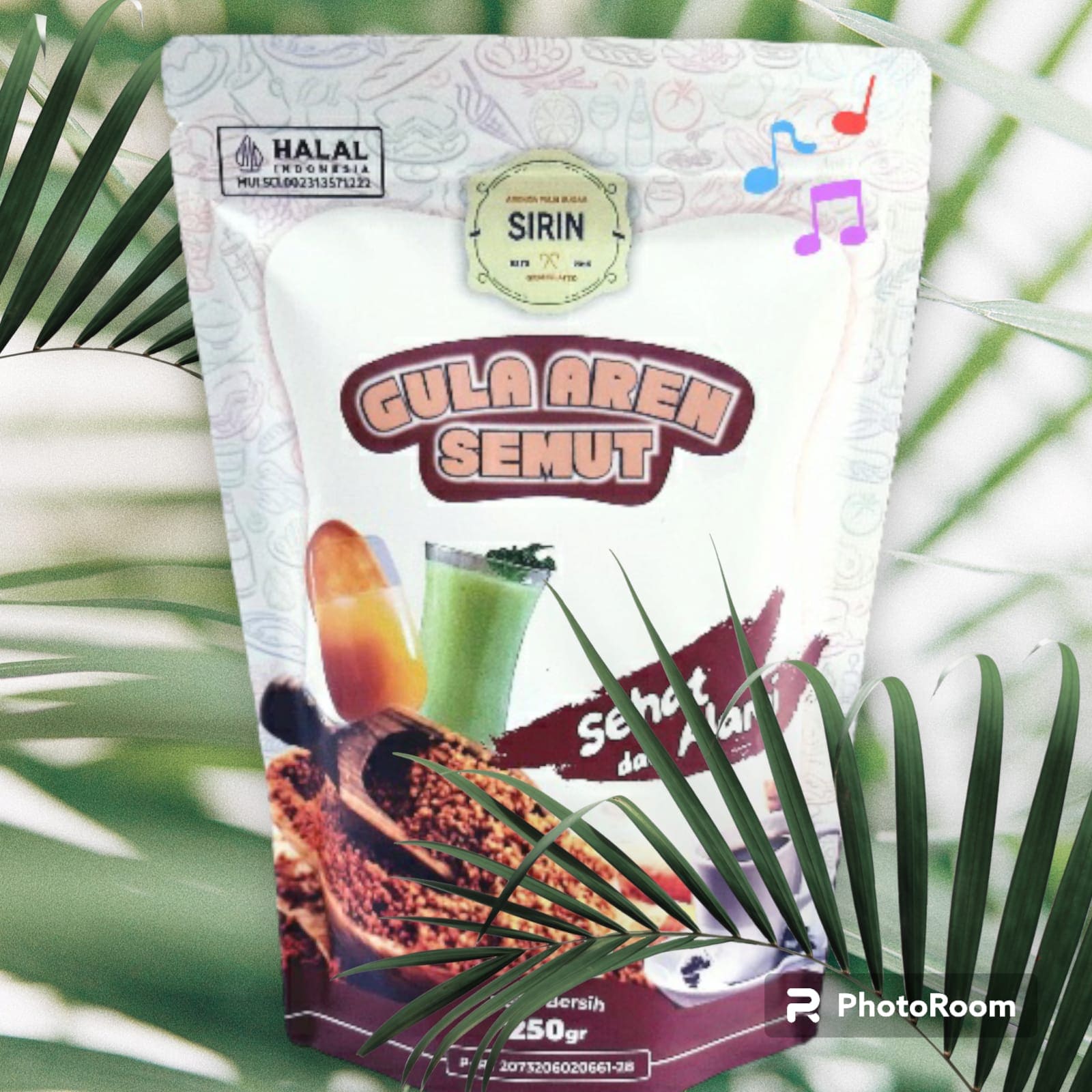 Gula aren merek SIRIN dengan kemasan rapi dalam wadah modern, siap digunakan sebagai pemanis alami untuk berbagai keperluan kuliner.